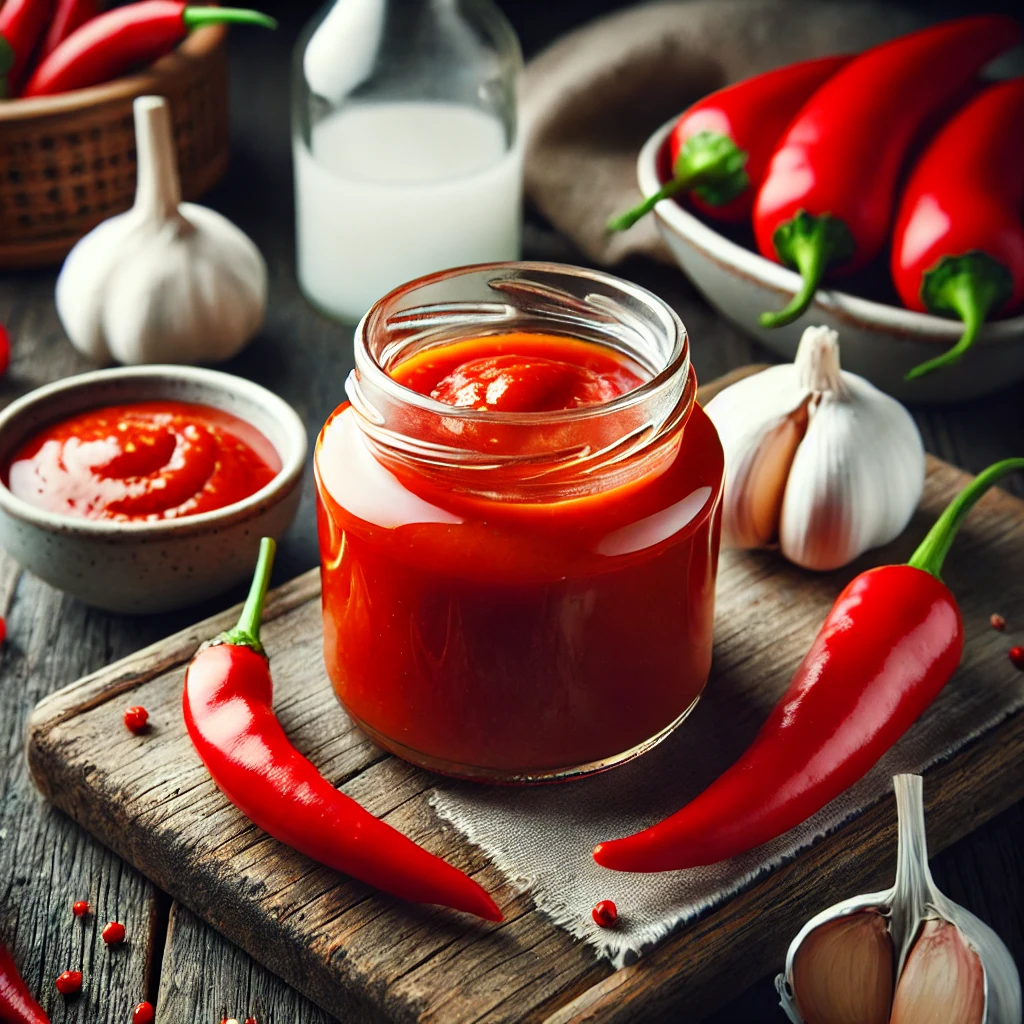 homemade Sriracha sauce with a rustic and vibrant setup, showcasing its rich texture and color