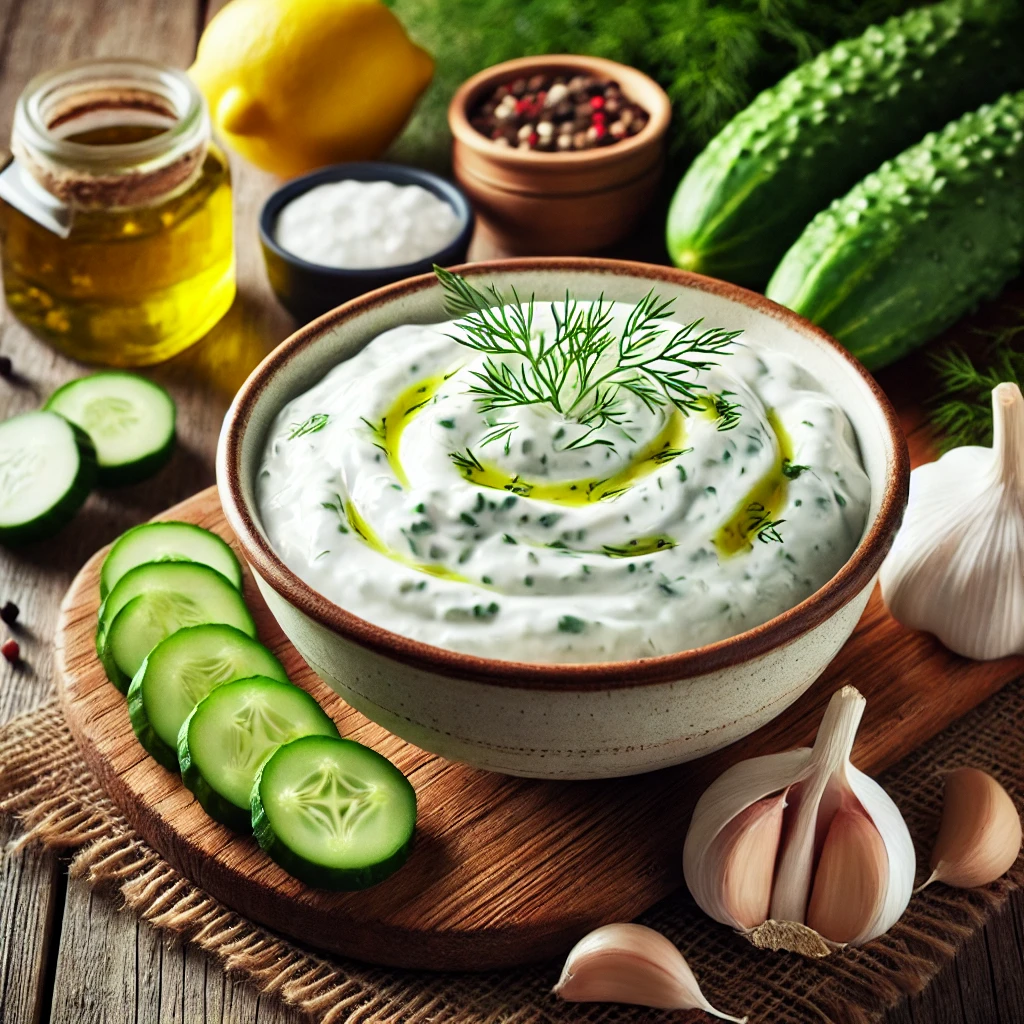 homemade Tzatziki sauce, beautifully styled on a rustic wooden table. The sauce is rich and thick, garnished with a drizzle