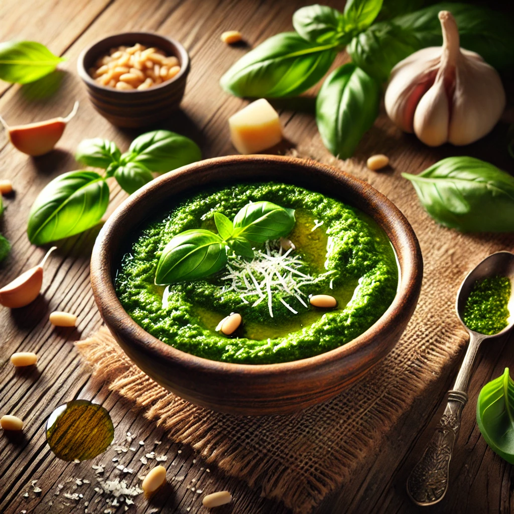 pesto sauce, placed on a wooden kitchen counter. The sauce is bright green, creamy in texture, and garnish.webp